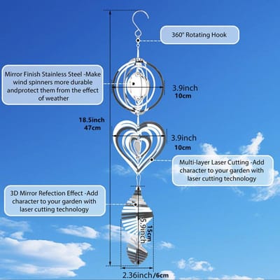 Moulin à vent Cœur Carillons éoliens Décorations suspendues Pendentifs Carillons éoliens rotatifs Jardin Décoration de maison Métal Goutte (as the picture,10cm)