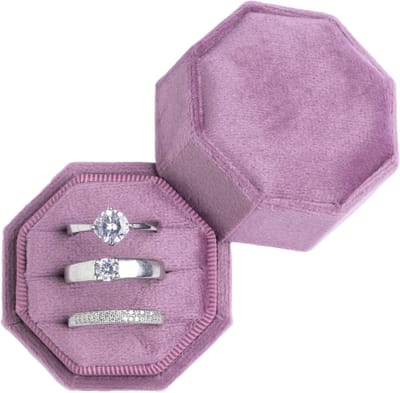 Octagon Ring Box - Ringhouder Velvet - Bruiloft Aanzoek - Drie Slots - 5x5x4.5cm - Paars