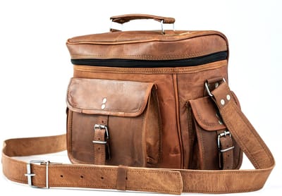 Tas van Echt Leer – Multifunctionele Werktas / Picknicktas / Cameratas – Cognac Bruine Echt Leder - 32 x 24 x 11 cm - Ruwe Urban Vintage Look – Leonera Model 039