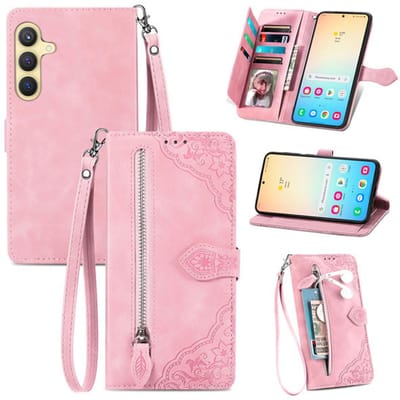 YPCd Portemonnee Bookcase Hoesje Geschikt voor Samsung Galaxy S24 Plus – PU Leren Wallet Flip Cover met Ritssluiting – Pasjesvakken & Polsbandje – Standfunctie – Bloemen – Roze