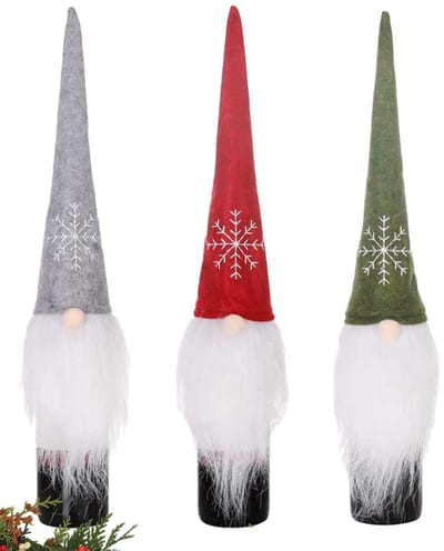 Dailygoods- Wijnfles Afdekking 3 Stuks - Kerstman Hoed - Flanel Materiaal - Flessentas - Tafeldecoratie - Duurzaam Gebruik - Wijnfleshoes