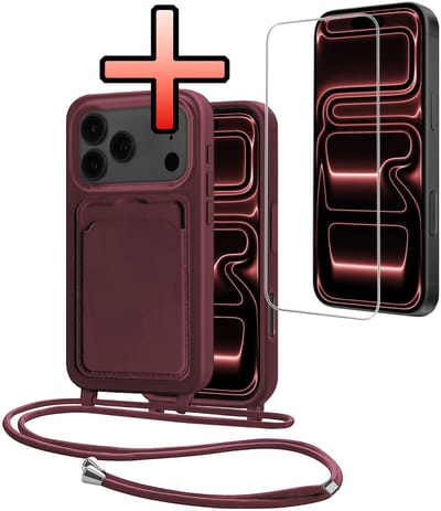 Hoes Geschikt voor iPhone 17 Pro Hoesje Pasjeshouder Cover Met Koord Case Siliconen Hoes Met Telefoonkoord en Kaarthouder Met Screenprotector - Aubergine
