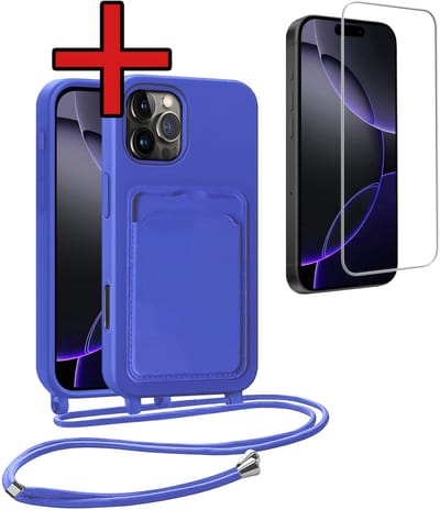 Hoesje Geschikt voor iPhone 16 Pro Hoesje Met Telefoonkoord en Pasjeshouder Met Screenprotector Siliconen - Hoes Geschikt voor iPhone 16 Pro Hoesje Met Kaarthouder Case - Felblauw