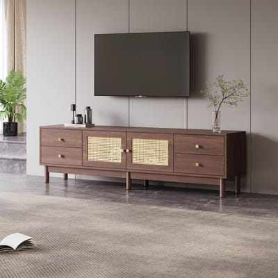 HAUSS SPOLE TV meubel - Houten TV-kast 1,8 m met 2 Rattan-deuren en 4 lades - Kabelmanagement en hydraulische scharnieren - Geschikt voor 80-Zoll televisie - 180x35x44 cm - Hout - Bruin