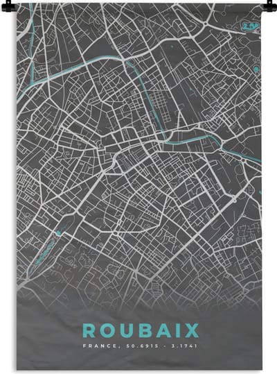 Wandkleed - Wanddoek - Roubaix - Frankrijk - Plattegrond - Stadskaart - Kaart - 120x180 cm - Wandtapijt