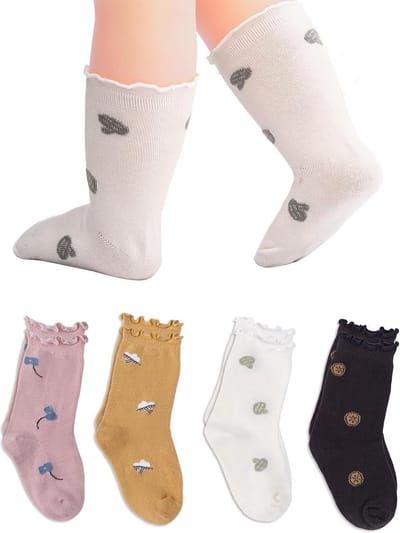 Schattige Katoenen Kniesokken voor Meisjes van 1-3 Jaar met Rimpelrand - 4 Paar, Wit, Comfortabele Baby Sokken, Mode Accessoires voor Peuters