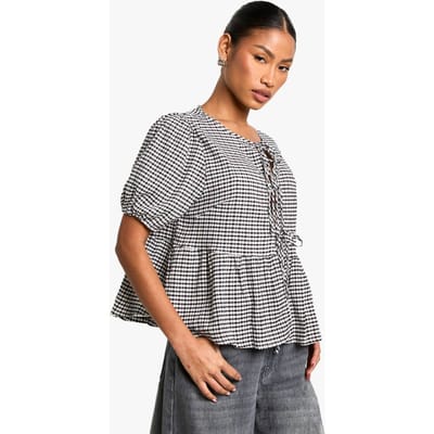 boohoo Dames Gingham top met strik aan de voorkant, pofmouwen en smock top | Zwart | Maat: 38