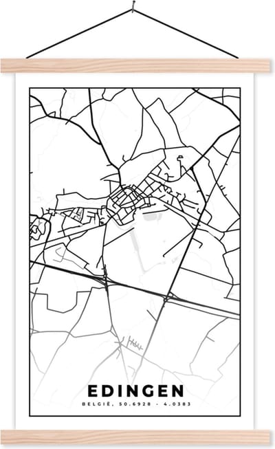 Posterhanger incl. Poster 40x60 cm - Schoolplaat - Stadskaart – Plattegrond – België – Zwart Wit – Edingen – Kaart - Textielposter - Blanke latten - Stadskaart