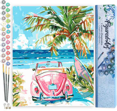 Figured'Art Schilderen op Nummer Volwassenen canvas Roze auto aan zee- Handwerk acrylverf Kit DIY Compleet - 40x50cm zonder frame