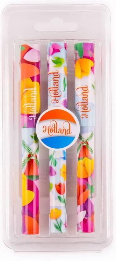 Pennenset Holland geel en rood met getekende tulpen en molens
