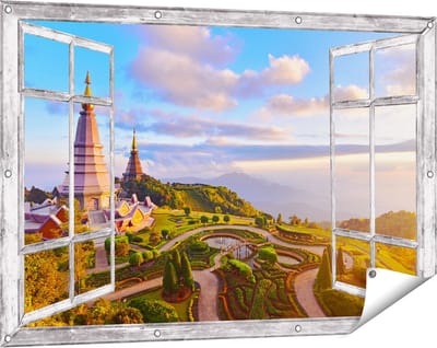 Gards Tuinposter Doorkijk Pagode Tempels in de Inthanon Berg in Thailand - 120x80 cm - Tuindoek - Tuindecoratie - Wanddecoratie buiten - Tuinschilderij