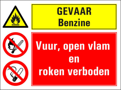 Benzine, vuur open vlam en roken verboden sticker 280 x 210 mm