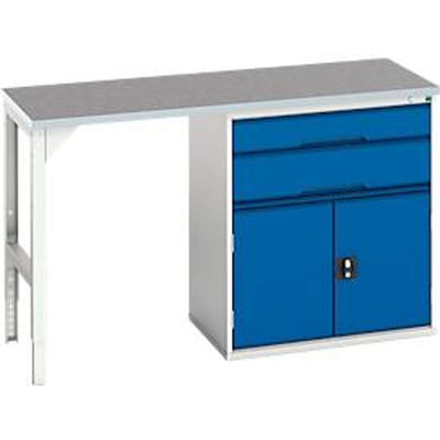 Onderbank Bott verso, linoleumblad, 2 laden, 1 deur, 1 plank, B 1500 x D 600 x H 930 mm, lichtgrijs / gentiaanblauw