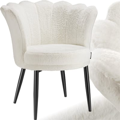 tectake® Fauteuil Stella - Kuipstoel met armleuning – Comfortabele Eetkamerstoel – Keukenstoel – Dikke vulling – Voor woonkamer en eetkamer – Met imitatiebont bekleding - crème/zwart