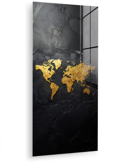 MuchoWow® Glasschilderij 40x80 cm - Schilderij acrylglas - Wereldkaart - Goud - Steen - Foto op glas - Muurdecoratie woonkamer - Wanddecoratie slaapkamer - Schilderijen
