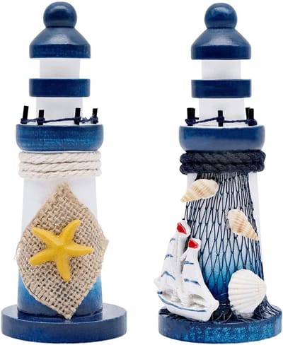 Dailygoods- Miniatuur Vuurtoren - Decoratie Nautische Stijl - Houten Ornament - Mediterrane Decoratie - Realistisch Ontwerp - 13 cm Hoog