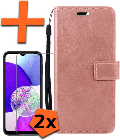 Hoes - Met 2x Screenprotector - Geschikt voor Samsung Galaxy A14 - Luxe Pasjeshouder - Bookcase Portemonee - Flip Case - Kunstleer Book Case - Flipcase Hoes - Book Cover - Walletcase - PortemonneeHoes - Rosé goud