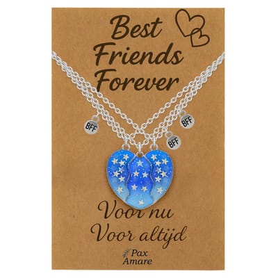 BFF Ketting voor 3 'Best Friends Forever' - Magnetisch Blauw Hartje - Vriendschapsketting op Cadeau Kaartje - 45cm + 5cm verstelbaar - Zilverkleurig - Best Friends Hanger - Pax Amare