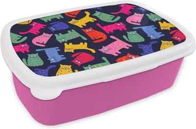Broodtrommel Roze - Lunchbox - Brooddoos - Patronen - Kat - Regenboog - Roze - Meisjes - Kinderen - Kindje - 18x12x6 cm - Kinderen - Meisje