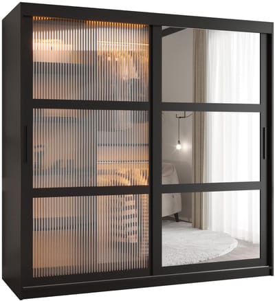 Zweefdeurkast Kledingkast met 2 schuifdeuren glanzen slaapkamerkast Kledingstang met planken Garderobekast met geribbeld glas - ARTON 2 (180 cm, Zwart)