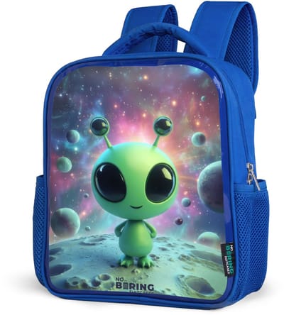 NoBoringSuitcases.com® - Rugzak blauw - Schooltas jongens - Groen buitenaards wezentje op maanlandschap - Kinder rugtas jongen - Boekentas kind - Kinderrugzak voor school - Schoolrugzak