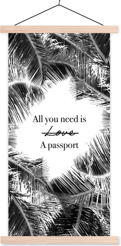 Posterhanger incl. Poster 60x120 cm - Schoolplaat - Spreuken - Quotes - All you need is a passport - Liefde - Textielposter - Blanke latten