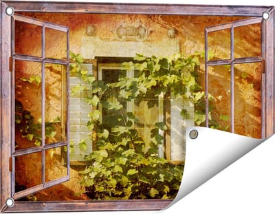 Gards Tuinposter Doorkijk Raam met Luiken - 60x40 cm - Tuindoek - Tuindecoratie - Wanddecoratie buiten - Tuinschilderij