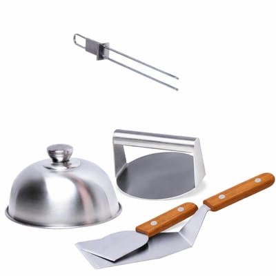 Famanu – Smash burger set van van 6-delig, inclusief hamburgerpers, smeltklokken, grillspatels en spies, ideaal cadeau voor BBQ-liefhebbers