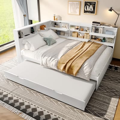DESMIU Dagbed 140x200cm – Slaapbank met Uittrekbed En Hoofdbordopbergruimte – Voor Gasten En Kinderkamer – Grenen, MDF En Meerlagenplaat – Wit – Zonder Matras