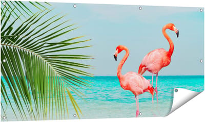 Gards Tuinposter Twee Flamingo's in het Water - 140x70 cm - Tuindoek - Tuindecoratie - Wanddecoratie buiten - Tuinschilderij