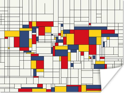 Poster 160x120 cm - Wereldkaart - Mondriaan - Kleuren - Posters - Kamer decoratie - Wanddecoratie woonkamer - Muurdecoratie slaapkamer XXL