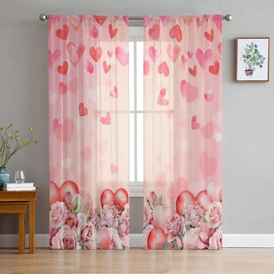 Valentijnsdag Liefde Bloem Roos Aquarel Transparant Raamgordijn Tule Gordijnen voor Woonkamer Slaapkamer Huisdecoratie Voile Draperieën 135W x 114H(cm) white
