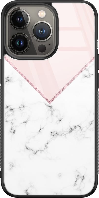 Hoesje geschikt voor iPhone 13 Pro - Marmer roze grijs - Luxe Glazen Hardcase - Marmer - Roze - Leuke Telefoonhoesjes