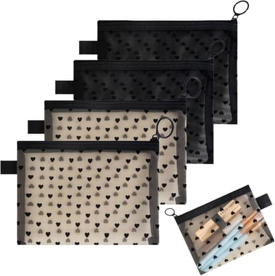 Draagbare Make-uptas met Rits, Organizer voor Reizen, Mesh Hartpatroon, Ideaal voor Lipstick en Oordopjes (Zwart & Beige)
