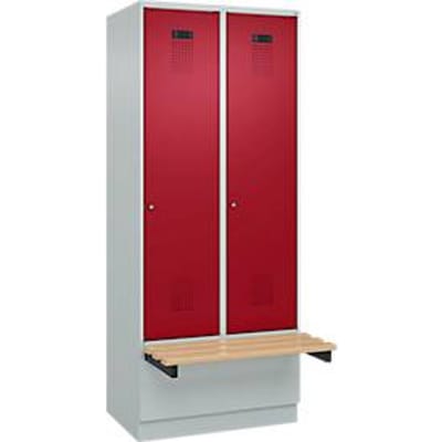 C+P Evolo Plus garderobekast, 2 vakken van elk 400 mm breed, sokkel, zwevende bank, B 800 x D 815 x H 1950 mm, cilinder, lichtgrijs/ruy rood