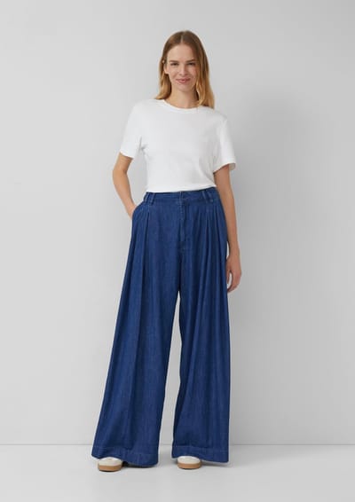s.Oliver - female - Vloeiende jeans met krijtstrepen / Relaxed fit / Hoge taille / Extra wijde pijp
