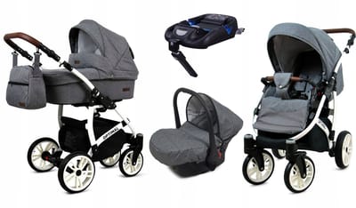 BabyLux® Kinderwagen 4in1 – OPTIMAL - GREY FLEX WHITE FRAME - Opklapbare Wandelwagen incl. Reiswieg, Multifunctionele Buggy Sportstoel, Autostoel, ISOFIX basisstation - Combi-kinderwagen met Luiertas, Regenhoes, Klamboe
