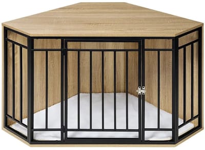 LUMÉ STORE Hondenbench Hoek - Hondenhok - Hondenmeubel - Afsluitbare Deur - Met Kussen - Bijzettafel - 111x60x67cm - Eiken