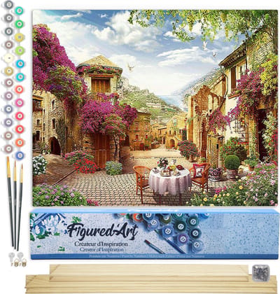 Figured'Art Schilderen op Nummer Volwassenen canvas Ontbijt in een mediterraan dorp- Handwerk acrylverf Kit DIY Compleet - 40x50cm met DIY houten lijst
