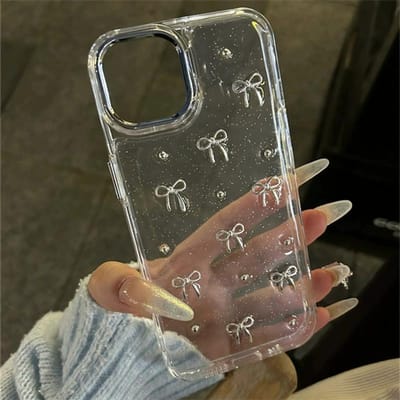 INS Korea Glitter 3D Zilveren Strik Kralen Telefoonhoesje Voor iPhone 16 15 14 13 12 11 Pro Max 7 8 Plus X XS Epoxy Shell Meisje Transparante Cover For iPhone 12 gray
