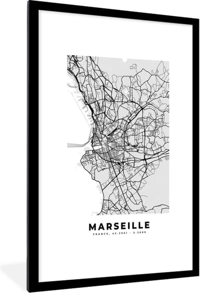 Fotolijst incl. Poster - Marseille - Plattegrond - Frankrijk - Kaart - Stadskaart - 80x120 cm - Posterlijst