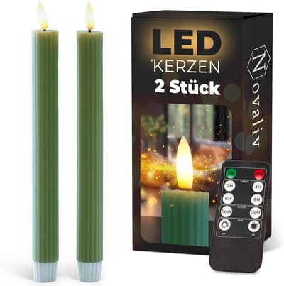 LED-kaarsen met timer groen 2-pack voor binnen met 6-uurs timer - ECHTE WAS geribbeld 23 cm hoogte voor kaarsen 2,2 cm diameter 2 AAA-batterijen vereist LED-kaarsen flikkerende vlam bewegende vlam