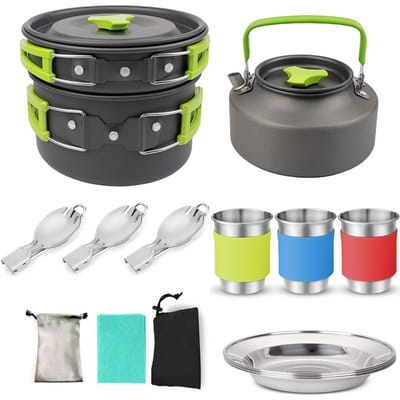 Ensemble de batterie de cuisine de camping Équipement de cuisine d'extérieur pour le camping, la randonnée et les pique-niques pour 2 à 3 personnes Tout en un vert