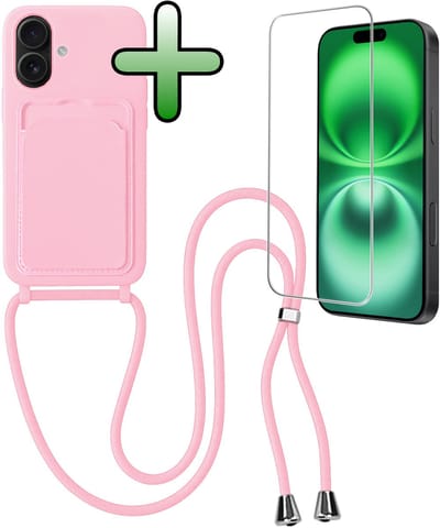Hoes Geschikt voor iPhone 16 Plus Hoesje Pas Houder Case Hoes Met Koord Met Screenprotector - Hoesje Geschikt voor iPhone 16 Plus Hoes Met Telefoonkoord Pasjeshouder Cover - Lichtroze