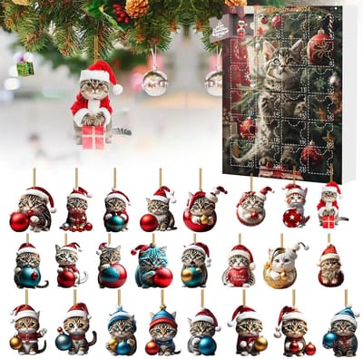 Adventsaftelkalender, 24-daagse kerstaftelkalender met schattige kattenpoppen, kerstboomversieringen in de vorm van 2D-acrylkattenhangers, sleutelhanger, vakantiedecoratie voor kattenliefhebbers (stijl B) - Cyslmuk®