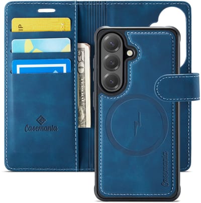 Casemania Hoesje Geschikt voor Samsung Galaxy S21 FE Navy Blue - 2 in 1 Magnetic Book Case