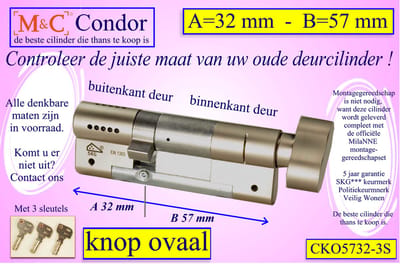 M&C Condor high security deurcilinder met Knop OVAAL 57x32 mm met 3 sleutels - SKG*** - Politiekeurmerk Veilig Wonen - inclusief MilaNNE gereedschap montageset