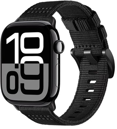 Stravo Tactical Nylon Horlogebandje – Robuust Canvas Design – Geschikt voor Apple Watch 49mm (Ultra 1/2/3) / 46mm (Series 11/10) / 45mm (Series 9/8/7) / 44mm (Series 6/5/4/SE 1/2/3) – Sportief & Duurzaam – Zwart