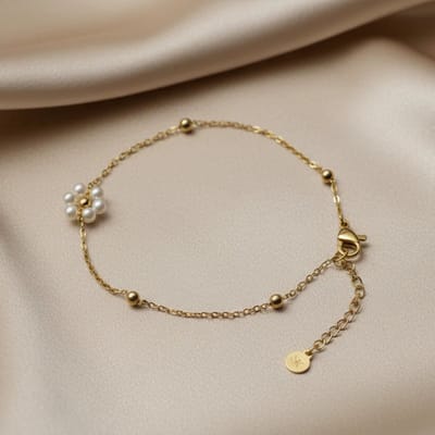 Armband goudkleurig - Madeliefje & parels - Stainless steel dames armband - SK Sieraden - Verstelbaar