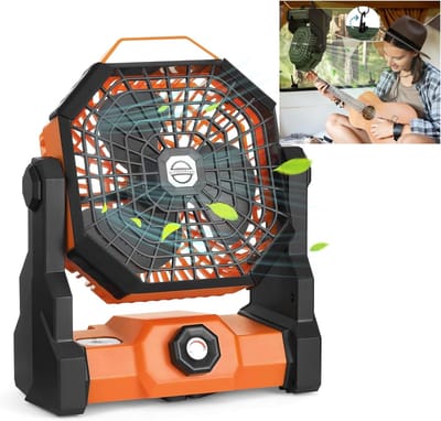 Draagbare Fan met LED-Lamp - 7800mAh Batterij - 270° Draaibaar - Stapelloze Snelheidsregeling - Stille Oplaadbare Kampeerfan voor Picknick, Barbecue, Vissen en Reizen - 250x210x120 mm - Oranje